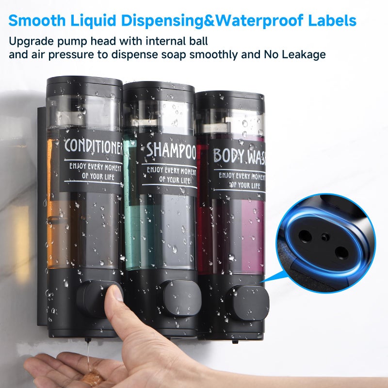 GlintGath Shampoo and Conditioner Dispenser GlintGath Shower Dispenser 3 Chamber No Drill Shampoo Dispenser for Shower Wall Mounted Shower Soap Dispenser for Bathroom Hotel 3 * 300ML Matte Black - Image 4